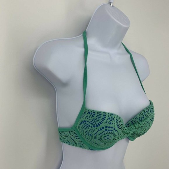 Aerie 34A Turquoise Blue Green Padded Push-Up  Halter Bikini Swimsuit Top - Picture 2 of 7